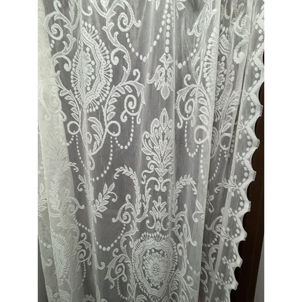 Romantic Cottage Ivory Floral Garlands Lace Curtains Scalloped Edge 2 Panels